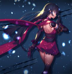 Rule 34 | 1girl, backless dress, backless outfit, bangosu, bare back, black hair, black thighhighs, detached sleeves, dress, fate/grand order, fate (series), from behind, glowing, highres, japanese clothes, joints, katou danzou (fate), kunai, long hair, looking back, profile, red scarf, robot joints, scarf, slashing, snow, solo, thighhighs, weapon, yellow eyes