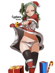 Rule 34 | 1girl, bell, blush, breasts, candy, candy cane, character name, christmas, clothes lift, cyphers, female focus, food, gift, gloves, green hair, hat, long hair, michelle (cyphers), panties, santa costume, santa hat, side ponytail, simple background, skirt, skirt lift, solo, standing, standing on one leg, thighhighs, underwear, white background, white panties
