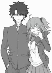 1boy 1girl :p ahoge arm_around_shoulder arm_around_waist blazer bow bowtie breasts chaldea_uniform commentary_request cowboy_shot crossed_bangs eyelid_pull fate/grand_order fate_(series) fujimaru_ritsuka_(female) fujimaru_ritsuka_(male) greyscale hair_ornament hair_over_one_eye hair_scrunchie hand_in_pocket highres how_to_win_my_husband_over jacket looking_at_viewer medium_breasts monochrome pants pleated_skirt school_uniform scrunchie skirt smile tongue tongue_out white_background yukihara_sbgd