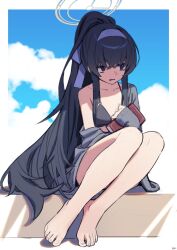Rule 34 | 1girl, bags under eyes, barefoot, bikini, black bikini, black hair, blue archive, book, breasts, cardigan, cloud, day, feet, hair ribbon, halo, highres, holding, holding book, knees up, legs, long hair, off shoulder, open mouth, ponytail, ribbon, sidelocks, sitting, sky, small breasts, solo, songchuan li, swimsuit, toenails, toes, ui (blue archive), ui (swimsuit) (blue archive), very long hair