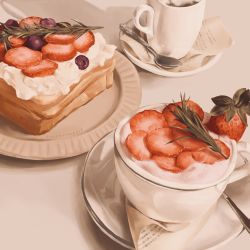 Rule 34 | blueberry, bread, bread slice, coffee cup, cream, cup, disposable cup, drink, food, food focus, fruit, garnish, highres, napkin, no humans, original, paper, pastry, plate, realistic, sleepypixieart, spoon, still life, strawberry, utensil