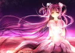 Rule 34 | 1girl, arms at sides, cleavage cutout, closed mouth, clothing cutout, collarbone, cupping hands, dot nose, dress, facing viewer, floating hair, glowing, hair ribbon, half-closed eyes, happy, kaname madoka, light, light particles, light smile, long dress, long hair, looking down, mahou shoujo madoka magica, mahou shoujo madoka magica (anime), oka (umanihiki), own hands together, pink hair, pink theme, purple background, ribbon, short sleeves, simple background, solo, sparkle, twitter username, two side up, ultimate madoka, very long hair, white dress, white ribbon, wide shot, yellow eyes