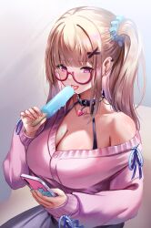 Rule 34 | 1girl, bare shoulders, blue bra, blush, bra, bra strap, breasts, cellphone, choker, cleavage, fingernails, food, glasses, gradient background, hair ornament, heart, highres, large breasts, licking, long hair, moleshi, nail polish, off shoulder, original, phone, pink nails, pink shirt, popsicle, purple eyes, red-framed eyewear, semi-rimless eyewear, shirt, side ponytail, solo, tongue, tongue out, underwear, upper body, x hair ornament