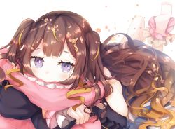 Rule 34 | 1girl, anya melfissa, bad id, bad pixiv id, barefoot, brown hair, highres, hololive, hololive indonesia, long hair, lying, nidaime (doronbo), hugging object, on stomach, petals, pillow, pillow hug, purple eyes, very long hair, virtual youtuber, wavy hair, white background