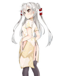 Rule 34 | 10s, 1girl, alternate costume, amatsukaze (kancolle), black thighhighs, blush, brown eyes, character print, china dress, chinese clothes, commentary request, double bun, dress, garter straps, hair bun, hair ornament, kanisaka shizuku, kantai collection, long hair, looking at viewer, looking back, no panties, rensouhou-kun, simple background, solo, thighhighs, white background