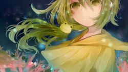 Rule 34 | 1girl, amaka eru, bad id, bad pixiv id, blurry, bokeh, coral, crying, crying with eyes open, depth of field, female focus, frown, gradient background, green eyes, green hair, hair ornament, hairpin, itamidome, matching hair/eyes, night, plant, poncho, portrait, sad, side ponytail, solo, tears, underwater, utau