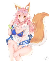 Rule 34 | 1girl, absurdres, animal ear fluff, animal ears, bikini, bikini under clothes, blue bikini, blush, breasts, cleavage, closed mouth, collarbone, fang, fate/grand order, fate (series), fox ears, fox girl, fox print, fox tail, highres, large breasts, long hair, looking at viewer, pink hair, sd4869, see-through, see-through shirt, shirt, side-tie bikini bottom, signature, simple background, solo, swimsuit, t-shirt, tail, tamamo (fate), tamamo no mae (fate/extra), tamamo no mae (swimsuit lancer) (fate), tamamo no mae (swimsuit lancer) (second ascension) (fate), very long hair, wet, wet clothes, wet shirt, white background