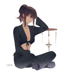 Rule 34 | 1girl, between legs, black pants, black shirt, breasts, brown eyes, brown hair, cleavage, collarbone, freckles, full body, hand between legs, high ponytail, kistina, long hair, looking at viewer, midriff, pants, parted lips, psycho-pass, shimotsuki mika, shirt, sidelocks, simple background, sitting, sketch, small breasts, solo, stomach, white background