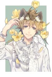 Rule 34 | 1boy, animal ears, aym4800, blue eyes, bracelet, brown hair, closed mouth, falling petals, flower, flower wreath, hand up, head wreath, highres, hyena boy, hyena ears, jewelry, male focus, petals, ruggie bucchi, scarf, shirt, simple background, smile, solo, twisted wonderland, upper body, white scarf, white shirt, yellow flower