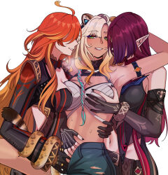 3girls absurdres ahoge animal_ears ankie_(ankys_) bare_shoulders biker_clothes bikesuit black_bikesuit black_gloves blonde_hair blush bodysuit breasts chasca_(genshin_impact) cleavage cutoffs dark_skin denim denim_shorts earrings fff_threesome genshin_impact girl_sandwich gloves green_eyes group_sex hair_between_eyes high-waist_shorts highres jaguar_ears jaguar_girl jaguar_tail jewelry large_breasts long_hair long_sleeves mavuika_(genshin_impact) multicolored_hair multiple_girls nail_polish open_mouth orange_hair red_hair sandwiched short_shorts shorts smile strapless_bodysuit tail thighs threesome two-tone_hair very_long_hair xilonen_(genshin_impact) yuri