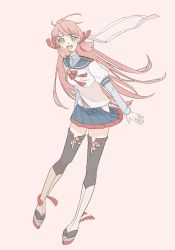 Rule 34 | 1girl, akashi (kancolle), bad id, bad twitter id, blue sailor collar, blue skirt, boots, full body, green eyes, hair ribbon, headband, highres, hip vent, kantai collection, long hair, long sleeves, looking at viewer, pink background, pink hair, pleated skirt, ribbon, sailor collar, school uniform, serafuku, simple background, skirt, smile, solo, thigh boots, thighhighs, tress ribbon, white headband, yama (yam0a)