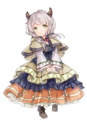 Rule 34 | 10s, 1girl, alternate costume, blush, breasts, capelet, clenched hands, draph, dress, granblue fantasy, horns, kumuyu, layered dress, light smile, looking at viewer, low twintails, medium breasts, silver hair, solo, twintails, v arms, wataame27, wide sleeves, yellow eyes