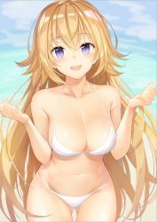 Rule 34 | 1girl, bad id, bad twitter id, bare shoulders, bikini, blonde hair, blue eyes, blue sky, blush, bokokichi (you), breasts, cleavage, collarbone, commentary request, day, fate/apocrypha, fate (series), hands up, hip focus, jeanne d&#039;arc (fate), jeanne d&#039;arc (ruler) (fate), large breasts, long hair, looking at viewer, navel, open mouth, outdoors, sky, smile, solo, swimsuit, thighs, very long hair, white bikini