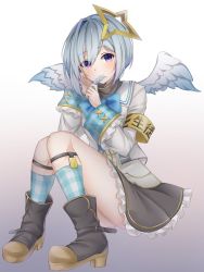 Rule 34 | 1girl, absurdres, amane kanata, amane kanata (1st costume), angel wings, armband, bad id, bad pixiv id, blush, bob cut, boots, colored inner hair, feathers, full body, hair between eyes, hair ornament, halo, highres, hololive, looking at viewer, multicolored hair, poe (528yuzunon), purple eyes, ribbon, school uniform, short hair, simple background, single hair intake, sitting, solo, star halo, virtual youtuber, wings