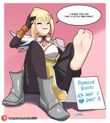 Rule 34 | 1girl, armor, artist name, barefoot, blonde hair, blush, boots, unworn boots, breasts, closed eyes, darkness (konosuba), english text, female focus, foot focus, hair ornament, highres, kono subarashii sekai ni shukufuku wo!, large breasts, mrff25, open mouth, pink background, simple background, sitting, soles, solo, toes, x hair ornament