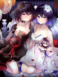 Rule 34 | 2girls, balloon, bed, black dress, black gloves, black hair, blue eyes, blue hair, blush, breasts, bronya zaychik, cleavage, closed mouth, doll, dress, dual persona, earrings, elbow gloves, gloves, happy birthday, headband, highres, holding, holding doll, honkai (series), honkai impact 3rd, jewelry, looking at viewer, medium breasts, multiple girls, petals, pout, red eyes, red hair, seele (alter ego), seele vollerei, seiza, short hair, sitting, smile, strapless, strapless dress, tare (tonikaku magaru), white dress, white gloves