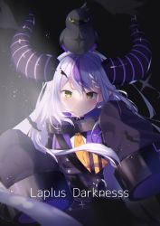 Rule 34 | 1girl, absurdres, animal, animal on head, ascot, bird, bird on head, black jacket, blush, braid, character name, closed mouth, collar, commentary request, crow (la+ darknesss), demon horns, hair between eyes, highres, hololive, horns, jacket, kashima ema, la+ darknesss, light particles, long hair, long sleeves, looking at viewer, metal collar, multicolored hair, on head, purple hair, silver hair, sleeves past fingers, sleeves past wrists, smile, solo, streaked hair, upper body, virtual youtuber, yellow ascot, yellow eyes