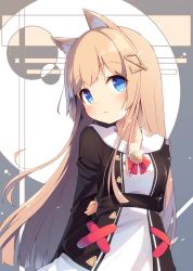 Rule 34 | 1girl, animal ear fluff, animal ears, arm behind back, black dress, blue eyes, blush, bow, closed mouth, collarbone, collared dress, commentary, dress, fox ears, hair ornament, highres, light brown hair, long hair, looking away, looking to the side, masaki (machisora), original, red bow, revision, solo, very long hair