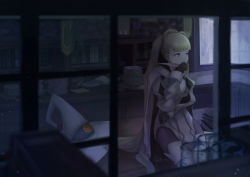 Rule 34 | 1girl, absurdres, beaker, blonde hair, book, boots, cape, desk, earrings, eitri (fire emblem), fire emblem, fire emblem heroes, gloves, highres, jewelry, night, nintendo, on desk, pantyhose, plant, quill, rain, red eyes, scenery, shelf, sitting, on desk, tapestry, thigh boots, thighhighs, tri tails, window, yamaoka d1