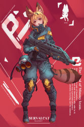 Rule 34 | 1girl, alternate costume, animal ear fluff, animal ears, assault rifle, blonde hair, brown hair, collared jacket, fang, full body, gloves, gun, head tilt, high collar, highres, holding, holding gun, holding weapon, jacket, japari symbol, kemono friends, knee pads, long sleeves, looking at viewer, medium hair, multicolored hair, open mouth, pants, rifle, serval (kemono friends), serval tail, smile, solo, soma (whitenight1), standing, tail, two-tone hair, weapon