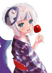 Rule 34 | 1girl, bloop (gawr gura), blue eyes, blue hair, blue kimono, blunt bangs, blush, candy apple, fins, fish tail, food, gawr gura, highres, holding, holding food, hololive, hololive english, japanese clothes, kimono, looking at viewer, multicolored hair, open mouth, print kimono, shark girl, shark print, shark tail, short hair, sidelocks, silver hair, simple background, smile, solo, source request, streaked hair, tail, twisted torso, upper body, virtual youtuber, white background