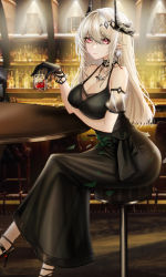 Rule 34 | 1girl, absurdres, arknights, bar (place), bare shoulders, black choker, black dress, black footwear, black gloves, breasts, ceiling light, choker, cleavage, closed mouth, crossed legs, cup, detached sleeves, dress, drink, drinking glass, earrings, feet out of frame, gloves, hair ornament, high heels, highres, holding, holding cup, horns, indoors, jewelry, large breasts, long hair, looking at viewer, minuolin, mudrock (arknights), mudrock (obsidian) (arknights), necklace, official alternate costume, pointy ears, red eyes, see-through, short sleeves, single glove, sitting, sleeveless, sleeveless dress, smile, solo, sparkle, stool, table, very long hair, white hair