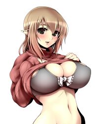 Rule 34 | 1girl, black bra, blush, bow, bra, breasts, brown eyes, cleavage, commentary request, haseru (ginku mh), highres, large breasts, looking at viewer, navel, open mouth, original, pointy ears, simple background, skindentation, solo, sweater, underwear, upper body, white background, white bow