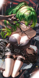 Rule 34 | 1girl, belt, black belt, black choker, black gloves, breasts, choker, cleavage, closed mouth, gloves, green hair, highres, holding, holding scissors, liang xing, long hair, looking at viewer, medium breasts, miniskirt, pleated skirt, purple eyes, scissors, side ponytail, single glove, sitting, skirt, smile, solo, sousou no frieren, suspenders, thigh strap, ubel (sousou no frieren)
