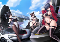 Rule 34 | 3girls, absurdres, animal ears, arched back, arms up, atago (azur lane), atago (stunning speedster) (azur lane), azur lane, bare shoulders, bikini, black bikini, black hair, black legwear, blue sky, blush, bodystocking, bow, breast press, breasts, brown eyes, car, choker, cleavage, cleavage cutout, closed mouth, clothing cutout, cloud, collar, commentary, curvy, day, detached sleeves, dog ears, elbow gloves, extra ears, eyewear on head, glasses, gloves, grey legwear, groin, hair between eyes, hair bow, hair ears, hair ribbon, hand on own hip, highleg, highleg bikini, highres, jacket, kneeling, koflif, large breasts, leotard, long hair, long legs, looking at viewer, mclaren, mclaren p1, mole, mole under eye, motor vehicle, multiple girls, navel, official alternate costume, outdoors, pantyhose, parted lips, ponytail, race queen, race vehicle, red eyes, red jacket, ribbon, shrug (clothing), sidelocks, sitting, skin tight, skindentation, sky, sleeve cuffs, smile, standing, stomach, swept bangs, swimsuit, taihou (azur lane), taihou (enraptured companion) (azur lane), takao (azur lane), takao (full throttle charmer) (azur lane), thick thighs, thighhighs, thighs, tongue, tongue out, two-tone bikini, umbrella, vehicle request, white ribbon, wrist cuffs