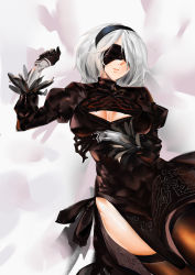 Rule 34 | 1girl, 2b (nier:automata), ae (alter-c), bad id, bad pixiv id, blindfold, breasts, cleavage, cleavage cutout, clothing cutout, covered eyes, dress, gloves, lying, mole, mole under mouth, nier:automata, nier (series), skindentation, thighhighs, turtleneck, turtleneck dress