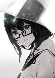 Rule 34 | 1girl, closed mouth, crying, glasses, greyscale, hair between eyes, looking at viewer, monochrome, neckerchief, original, runny nose, sailor collar, school uniform, semi-rimless eyewear, serafuku, simple background, snot, solo, tears, tomamatto, umbrella, upper body, water drop