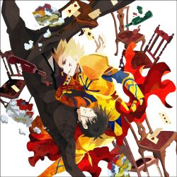 Rule 34 | 2boys, alcohol, armor, bad id, bad pixiv id, blonde hair, brown eyes, brown hair, cake, cape, card, chair, cross, earrings, falling, fate/stay night, fate/zero, fate (series), food, gilgamesh (fate), jewelry, kotomine kirei, kuroihato, male focus, multiple boys, playing card, red eyes, spill, wine