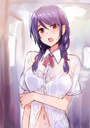 Rule 34 | 10s, 1girl, alternate breast size, blue hair, blurry, blush, bra, braid, breasts, depth of field, goban, hair ornament, hair over shoulder, hairclip, highres, large breasts, long hair, looking at viewer, navel, neck ribbon, open mouth, purple hair, red ribbon, ribbon, school uniform, see-through, shirt, shokugeki no souma, short sleeves, sketch, solo, swept bangs, tadokoro megumi, twin braids, underwear, upper body, wet, wet clothes, wet shirt, white bra, white shirt, yellow eyes