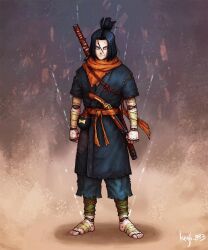Rule 34 | 1boy, alternate costume, android 17, antique firearm, artist name, bandaged arm, bandaged foot, bandages, barefoot, black hair, blue eyes, clenched hand, closed mouth, cracked skin, cyborg, doll joints, dragon ball, dragonball z, facing viewer, firearm, firelock, full body, guillem dauden, gun, hair between eyes, highres, japanese clothes, joints, karakuri, looking at viewer, loose hair strand, male focus, matchlock, ninja, orange scarf, parted bangs, puppet, puppet strings, samurai, sash, scarf, simple background, solo, stitched pants, sword, topknot, torn clothes, weapon, weapon on back