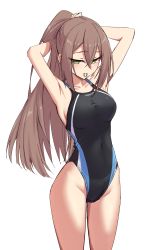 Rule 34 | 1girl, adele (fate), bare shoulders, black one-piece swimsuit, blush, breasts, collarbone, competition swimsuit, covered navel, elfenlied22, fate/grand order, fate (series), hair between eyes, highleg, highleg swimsuit, highres, large breasts, long hair, one-piece swimsuit, smile, solo, swimsuit, thighs