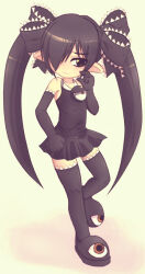 Rule 34 | 1girl, backbeako (torotei), backbeard, bare shoulders, black dress, black footwear, black gloves, black hair, black ribbon, black thighhighs, blush, clenched hand, closed mouth, dress, elbow gloves, full body, gegege no kitarou, gloves, hair over one eye, hair ribbon, light smile, long hair, looking at viewer, original, pinching gesture, pointy ears, red eyes, ribbon, simple background, sleeveless, sleeveless dress, solo, standing, standing on one leg, thighhighs, torotei, twintails, variant set, white background, zettai ryouiki