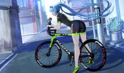 Rule 34 | 1girl, ass, bare legs, bicycle, black bodysuit, black gloves, blue eyes, blue hair, bodysuit, bottle, building, commentary, dutch angle, english commentary, fingerless gloves, full body, gloves, green footwear, hatsune miku, headphones, highres, holding, holding bottle, long hair, looking at viewer, open mouth, outdoors, power lines, profile, racing miku, road, shade, shadow, shoes, sideways glance, skin tight, smile, solo, street, twintails, vertigris, very long hair, vocaloid, water bottle