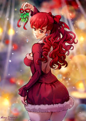 Rule 34 | 1girl, ass, backless dress, backless outfit, blush, breasts, christmas, dress, earrings, fur-trimmed dress, fur trim, hair ribbon, holding, holding mistletoe, jewelry, long hair, long sleeves, looking at viewer, looking back, medium breasts, mina cream, mistletoe, persona, persona 5, persona 5 the royal, ponytail, red dress, red eyes, red hair, ribbon, santa dress, smile, solo, thick thighs, thighs, wide hips, yoshizawa kasumi