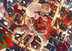 Rule 34 | 1girl, bare legs, blonde hair, blue eyes, boots, candy, candy cane, cityscape, closed mouth, dress, floating, food, from above, fur-trimmed dress, fur-trimmed footwear, fur-trimmed gloves, fur-trimmed headwear, fur trim, gift, gloves, hat, highres, holding, holding sack, looking at viewer, merry christmas, mittens, original, parted bangs, red dress, red footwear, red hat, ribbon, sack, santa boots, santa costume, santa dress, santa hat, short hair, short sleeves, shorts, shorts under dress, solo, wata (attaka towel), white shorts