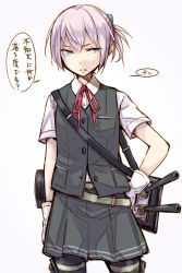 Rule 34 | 10s, 1girl, ayakura juu, belt, blue eyes, cannon, cowboy shot, gloves, kantai collection, personification, pink hair, ponytail, ribbon, school uniform, shiranui (kancolle), short hair, short sleeves, skirt, solo, translation request, weapon, white background