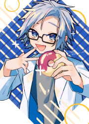 Rule 34 | 1boy, blue eyes, bright pupils, commentary request, doughnut, eyebrows hidden by hair, food, glasses, grey hair, grey shirt, hands up, highres, holding, holding food, kanou aogu, lab coat, long sleeves, lu yi (rokuichi61), male focus, open clothes, open mouth, rectangular eyewear, saibou shinkyoku, shirt, smile, solo, upper body, white pupils