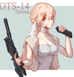 Rule 34 | 1girl, assault rifle, blonde hair, blood, blood on clothes, blood on face, breasts, bridal veil, bullpup, character name, cleavage, closed mouth, collarbone, dress, girls&#039; frontline, gun, highres, holding, holding weapon, long hair, looking at viewer, magazine (weapon), medium breasts, mo geng, orange eyes, ots-14 (girls&#039; frontline), ots-14 groza, rifle, simple background, solo, suppressor, veil, weapon, wedding dress, white dress