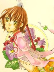 Rule 34 | 1girl, annie barrs, bracelet, breasts, brown hair, earrings, flower, jewelry, midriff, navel, open mouth, see-through, short hair, staff, tales of (series), tales of rebirth, weapon, yellow eyes