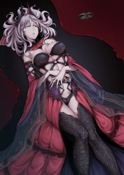 Rule 34 | 1girl, blood, breasts, carmilla (fate), dress, fate/grand order, fate (series), fingernails, hands on stomach, headgear, highres, large breasts, long fingernails, long hair, looking to the side, lying, mask, nakamura regura, on back, revealing clothes, silver hair, solo, thighhighs, yellow eyes