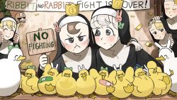 Rule 34 | &gt; &lt;, 5girls, :&lt;, ^ ^, animal ears, bandaid, banner, bird, blonde hair, bound together, brown hair, bunny nun (diva), chicken, closed eyes, clumsy nun (diva), commentary, confetti, crown, diva (hyxpk), double thumbs up, duck, duckling, english commentary, english text, fake animal ears, footprints, frog headband, froggy nun (diva), grey hair, habit, hair ornament, hand on another&#039;s head, hand on another&#039;s shoulder, hanging plant, holding, holding sign, little nuns (diva), mini crown, multiple girls, nun, ostrich, rabbit ears, rabbit hair ornament, shelf, sign, smile, spicy nun (diva), star (symbol), star nun (diva), sticker, tape, tearing up, thumbs up, traditional nun