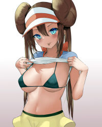 Rule 34 | 1girl, black bra, black pantyhose, blush, bra, breasts, brown hair, closed mouth, clothes lift, commentary request, creatures (company), dantahi01, double bun, doughnut hair bun, eyelashes, game freak, green eyes, hair between eyes, hair bun, hat, highres, large breasts, lifting own clothes, long hair, looking at viewer, medium breasts, navel, nintendo, pantyhose, pantyhose under shorts, pokemon, pokemon bw2, rosa (pokemon), shirt, shirt lift, short sleeves, shorts, sideboob, smile, solo, tongue, tongue out, twintails, underboob, underwear, visor cap, white hat, yellow shorts