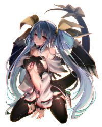 Rule 34 | 1girl, arc system works, asymmetrical wings, bare shoulders, between legs, blue hair, blush, breasts, choker, dizzy (guilty gear), guilty gear, guilty gear vastedge xt, long hair, looking at viewer, oro (sumakaita), red eyes, ribbon, sitting, smile, solo, tail, tail ornament, tail ribbon, thighhighs, underboob, v arms, very long hair, wings