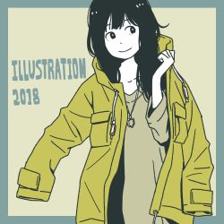 Rule 34 | 1girl, 2018, black hair, blue border, border, closed mouth, coat, colored skin, flat color, highres, hosoo, illustration.media, jewelry, light brown background, long hair, looking away, looking to the side, necklace, open clothes, open coat, original, shirt, sideways glance, sleeves past fingers, sleeves past wrists, smile, solo, translation request, white skin, yellow coat