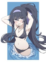 Rule 34 | 1girl, armpits, bags under eyes, bikini, black bikini, black hair, blue archive, breasts, brilliantko, cleavage, frown, hair between eyes, highres, jewelry, long hair, navel, necklace, open mouth, partially submerged, ponytail, purple eyes, sidelocks, simple background, small breasts, swimsuit, tying hair, ui (blue archive), ui (swimsuit) (blue archive), water