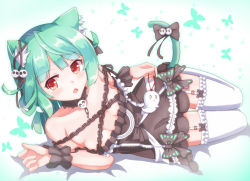 Rule 34 | 1girl, animal ear fluff, animal ears, bare shoulders, black bow, black dress, bow, breasts, bug, butterfly, cat ears, cat girl, cat tail, commentary request, dress, frilled dress, frilled thighhighs, frills, full body, fuyuki8208, garter straps, green hair, hand up, hololive, insect, lying, off-shoulder dress, off shoulder, on side, open mouth, red eyes, small breasts, solo, tail, tail bow, tail ornament, thighhighs, uruha rushia, uruha rushia (3rd costume), virtual youtuber, white background, white thighhighs, wrist cuffs